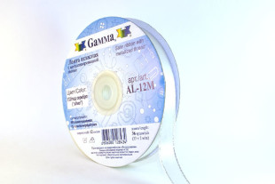 Лента атласная 12 мм двухстор. с металл. нитью "Gamma" №132серо-голубой/серебро